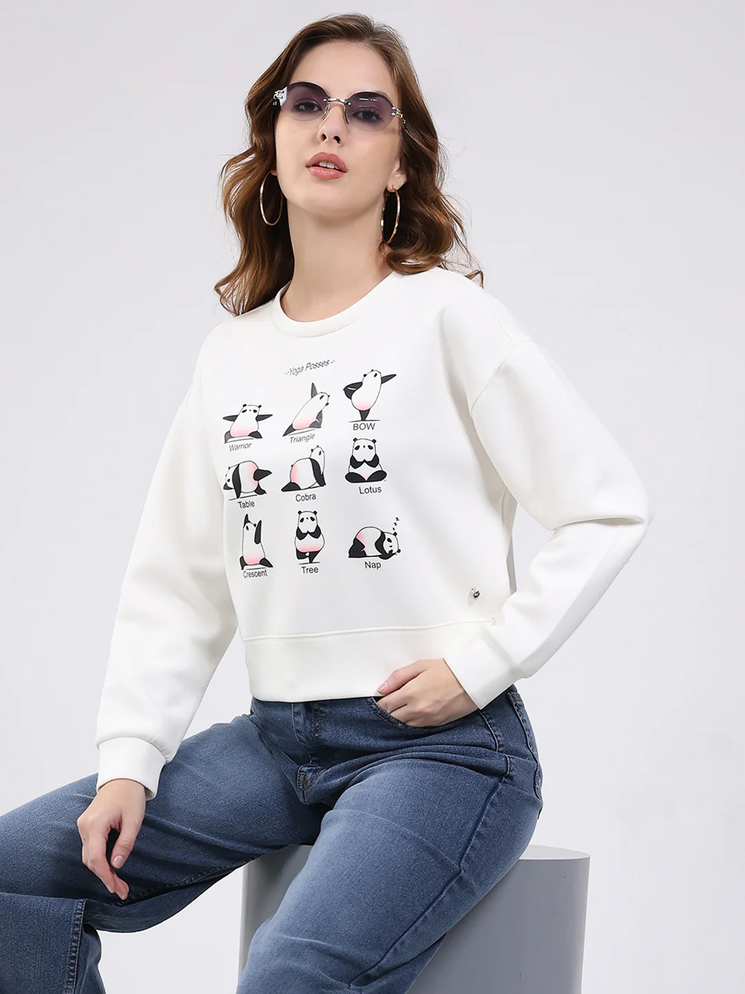 Women Off White Printed Round Neck Full Sleeve Sweatshirt - Image 6