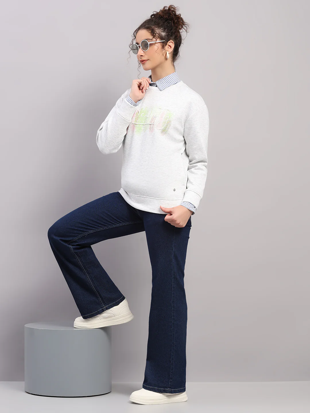 Women Off White Printed Round Neck Full Sleeve Sweatshirt - Image 2
