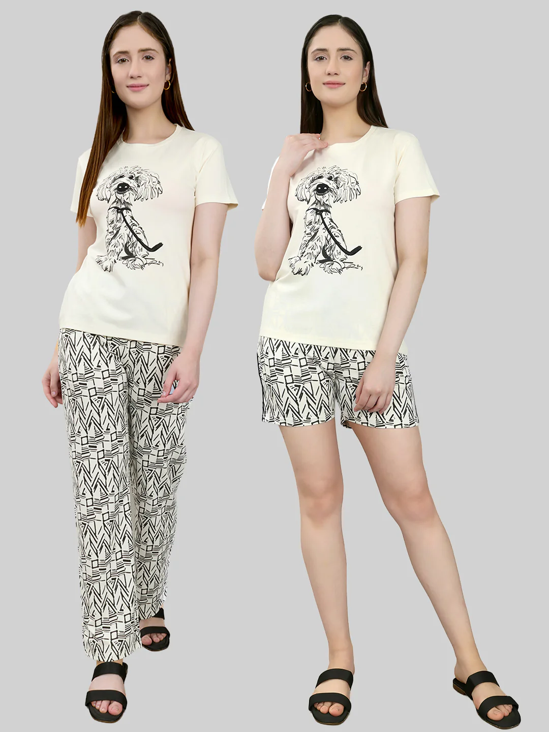 Women Off White Printed Round Neck Half Sleeve Combo 3 Pc Set (Top, Shorts & Lower)