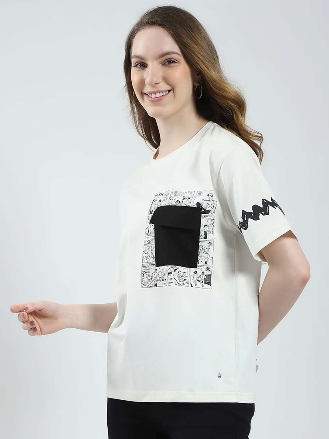 Women Off White Printed Round Neck Half Sleeve Top - Image 3