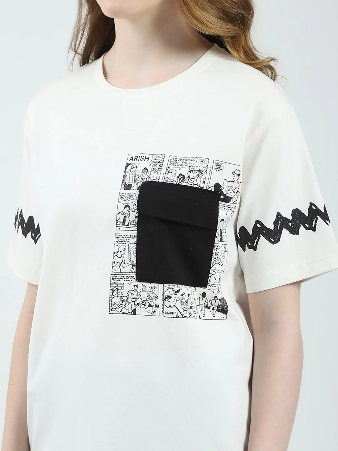 Women Off White Printed Round Neck Half Sleeve Top - Image 7