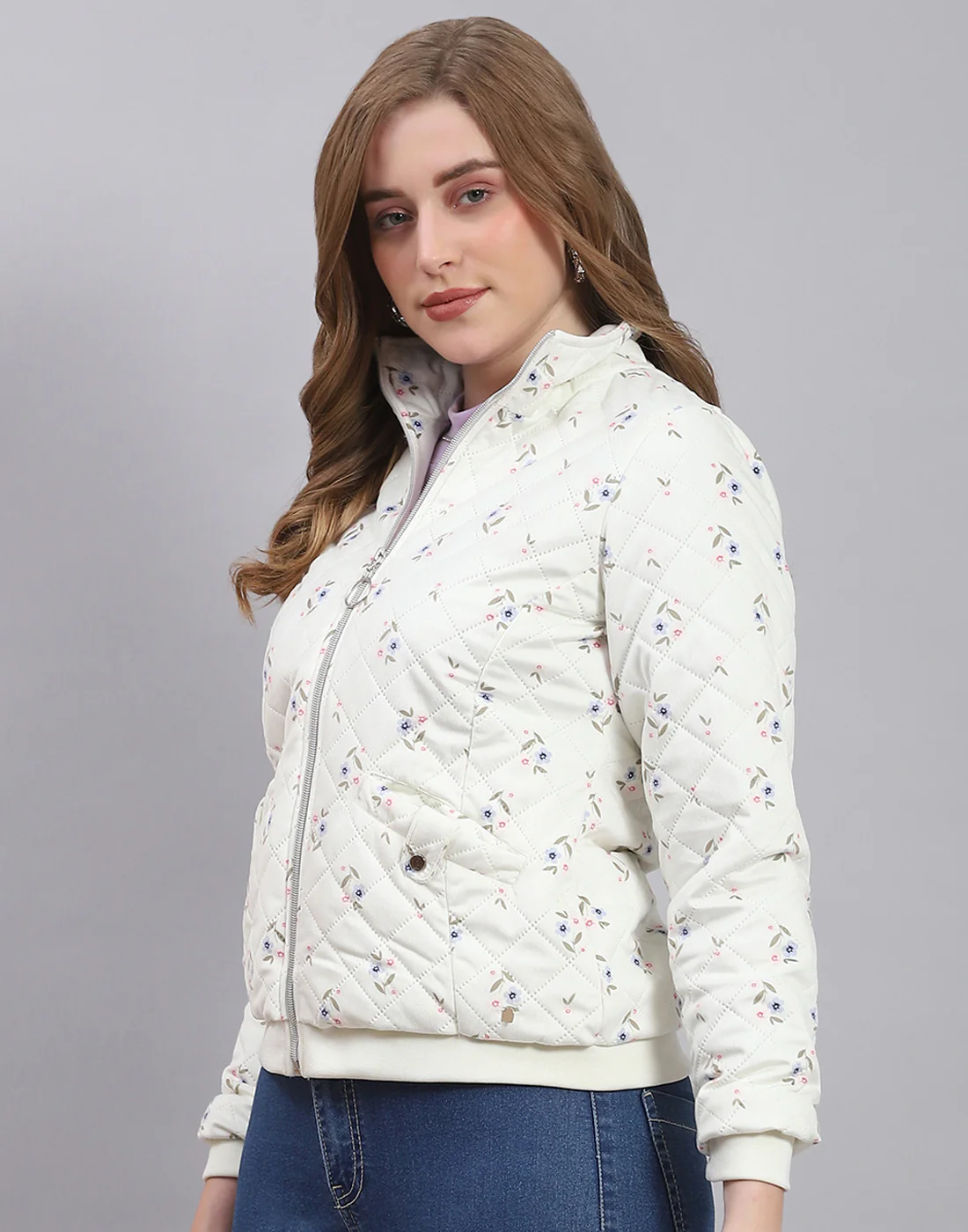 Women Off White Printed Stand Collar Full Sleeve Jacket - Image 3