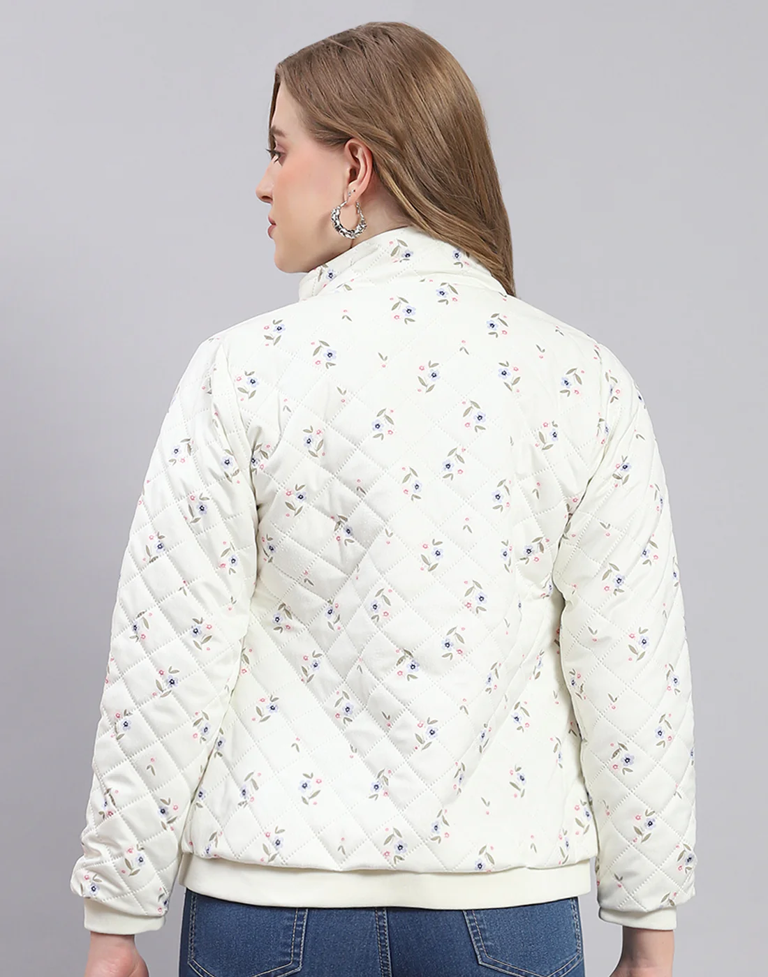 Women Off White Printed Stand Collar Full Sleeve Jacket - Image 5