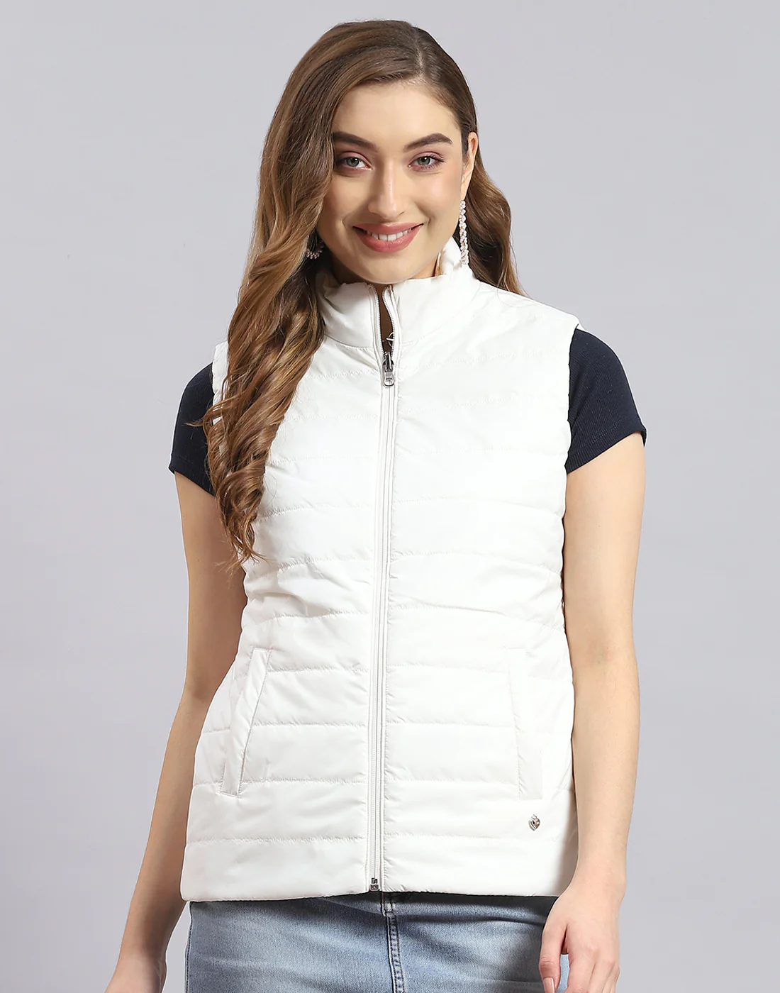 Women Off White Printed Stand Collar Sleeveless Jacket - Image 7