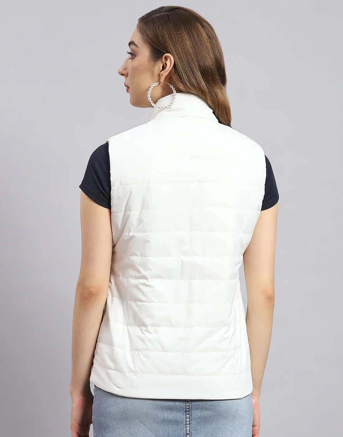 Women Off White Printed Stand Collar Sleeveless Jacket - Image 8