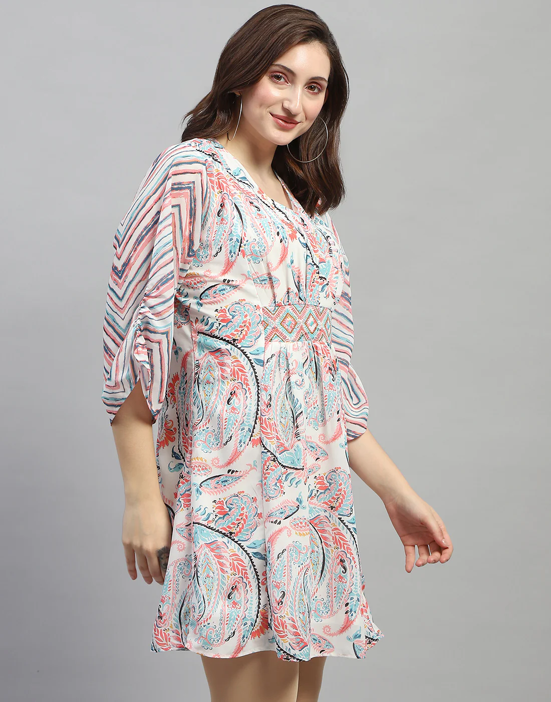 Women Off White Printed V Neck 3/4 Sleeve Dress - Image 4