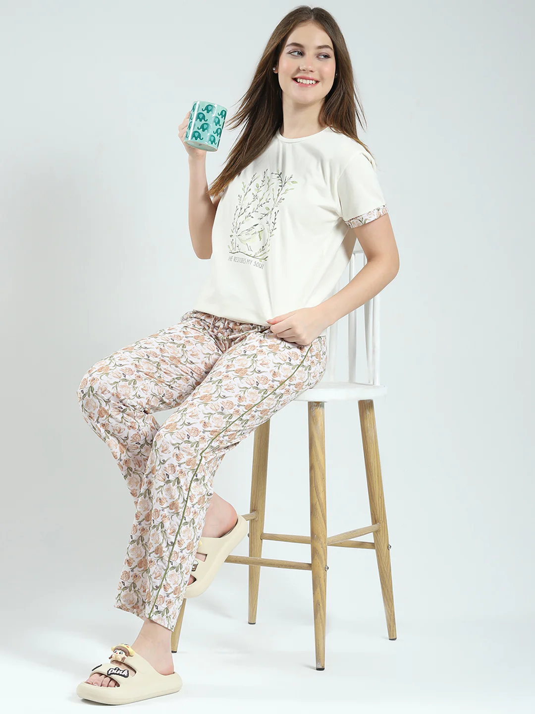 Women Off White Printed Round Neck Half Sleeve Combo 3Pc Set (T-Shirt, Shorts & Lower) - Image 2