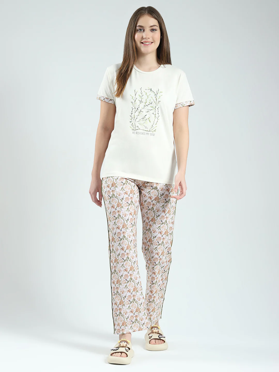 Women Off White Printed Round Neck Half Sleeve Combo 3Pc Set (T-Shirt, Shorts & Lower) - Image 3