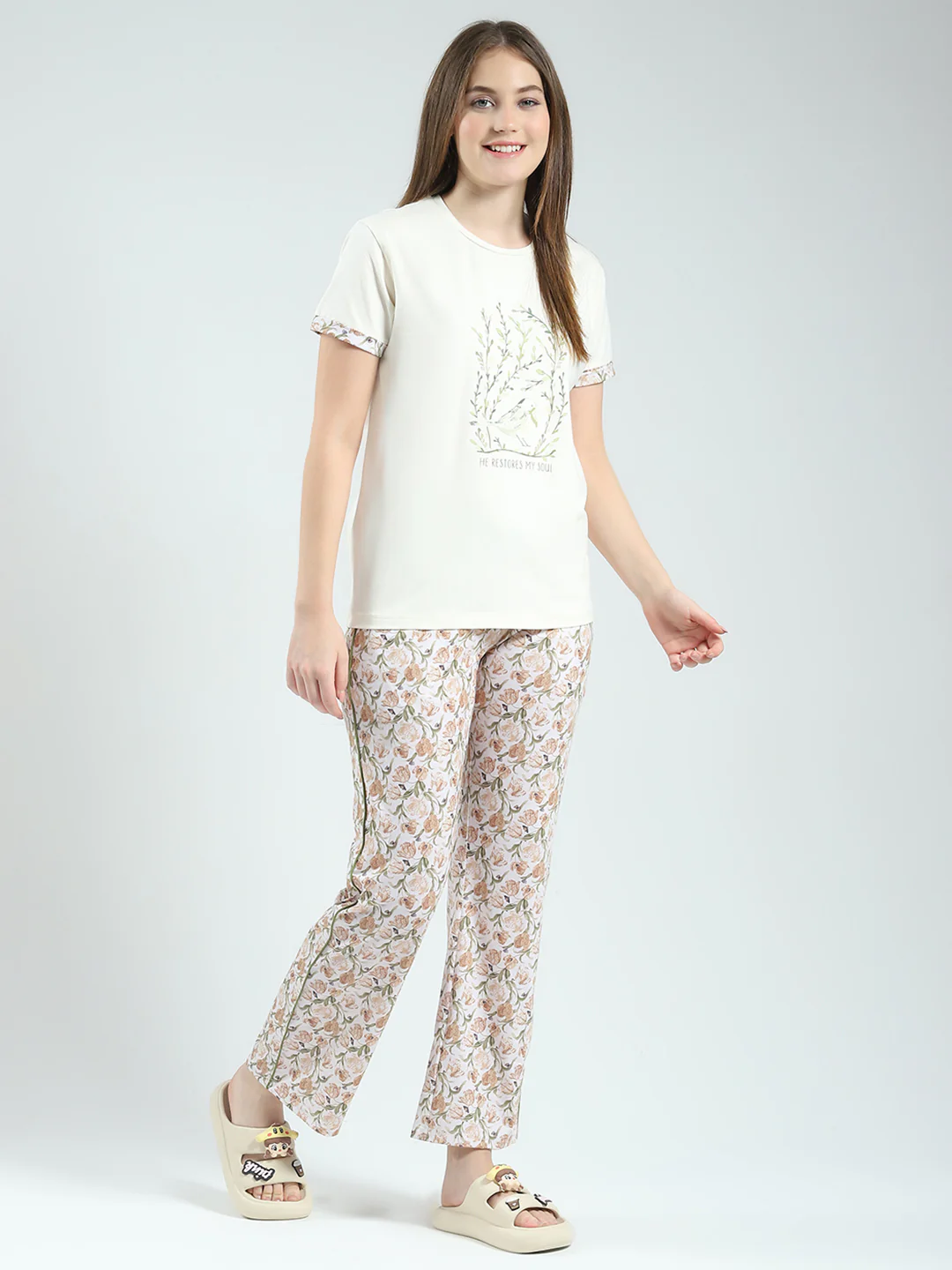Women Off White Printed Round Neck Half Sleeve Combo 3Pc Set (T-Shirt, Shorts & Lower) - Image 5