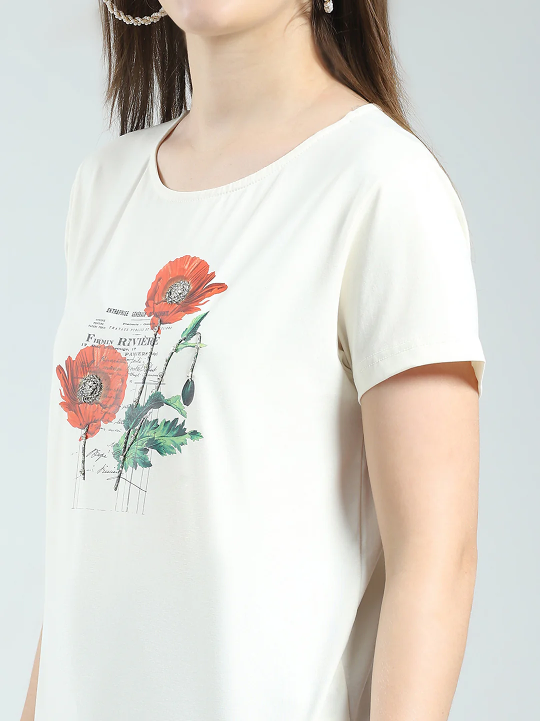 Women Off White Printed Round Neck Half Sleeve Top - Image 6