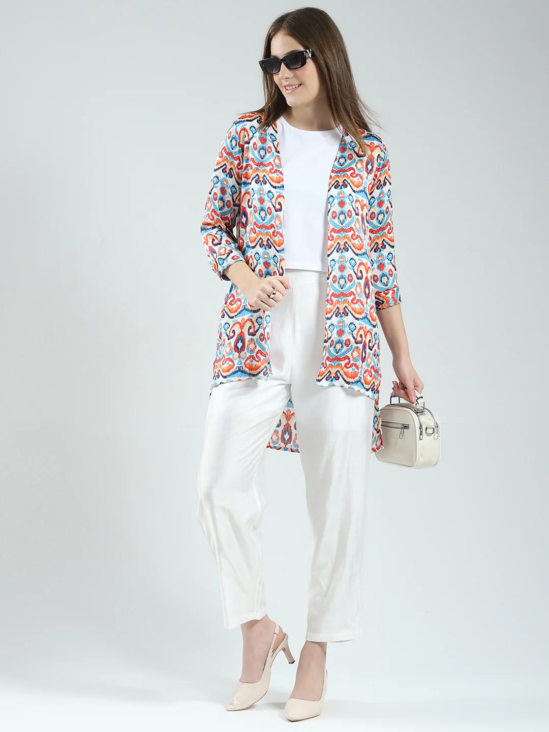 Women Off White Printed Round Neck Sleeveless 3 Pcs Cords Set