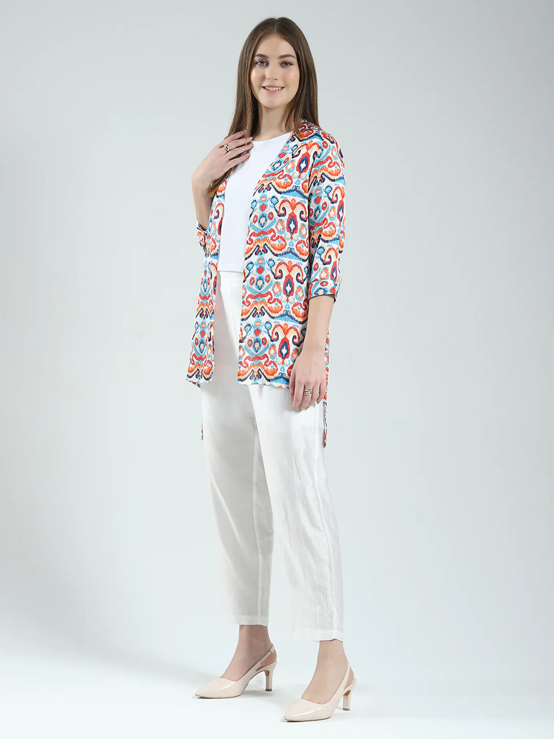 Women Off White Printed Round Neck Sleeveless 3 Pcs Cords Set - Image 4