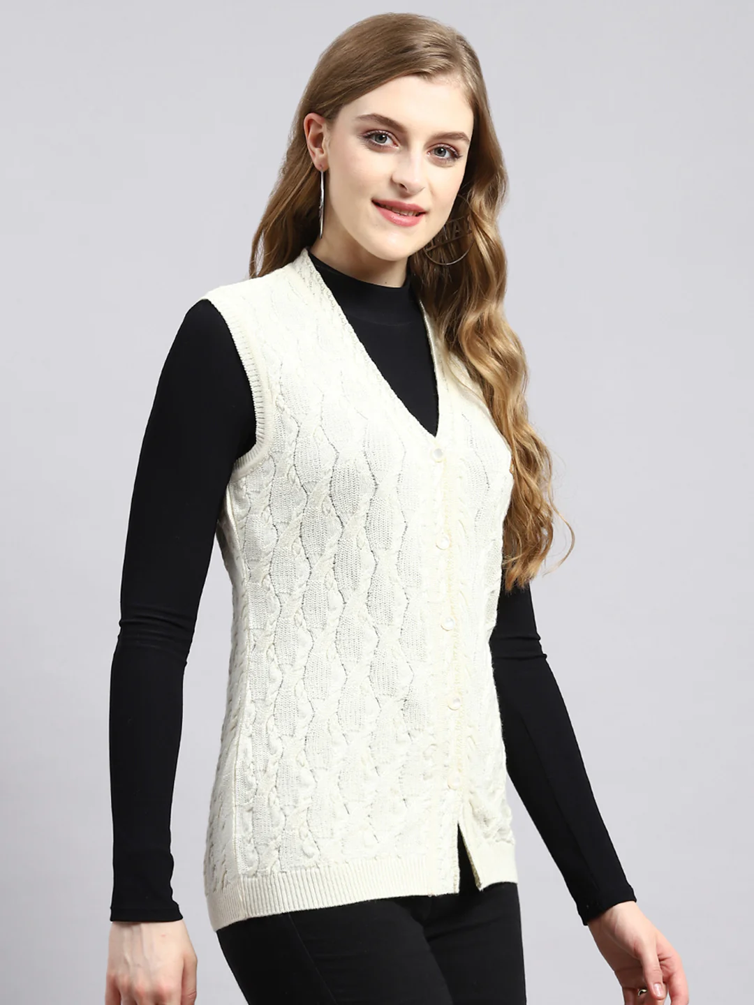 Women Off White Self Cardigan - Image 2