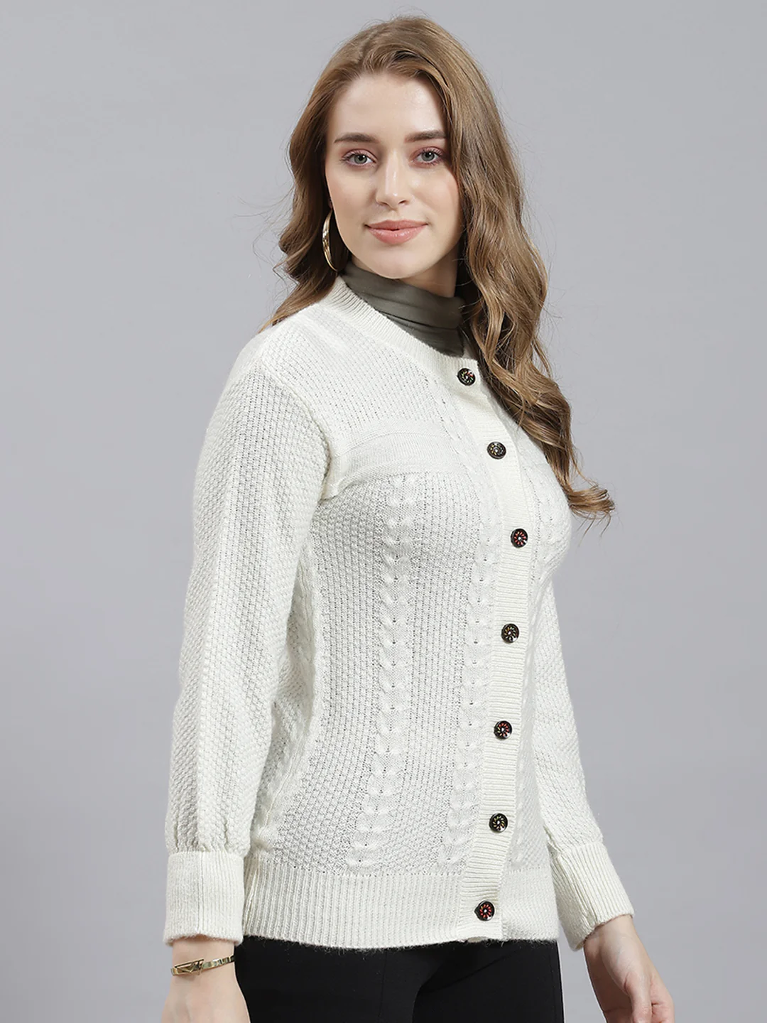 Women Off White Self Cardigan - Image 3