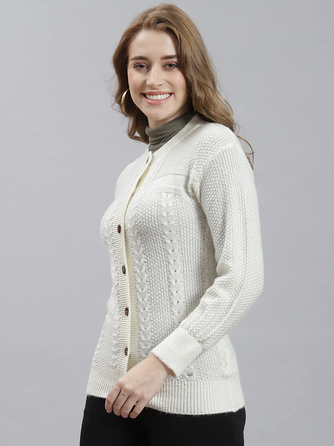 Women Off White Self Cardigan - Image 4