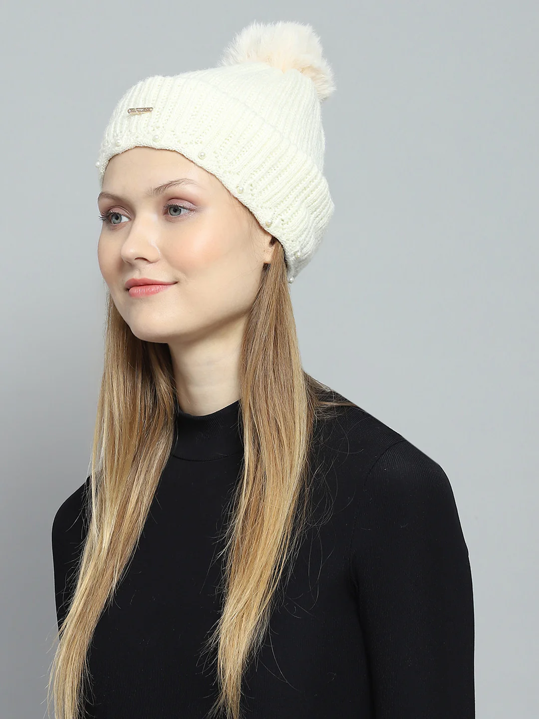 Women Off White Self Design Cap - Image 3