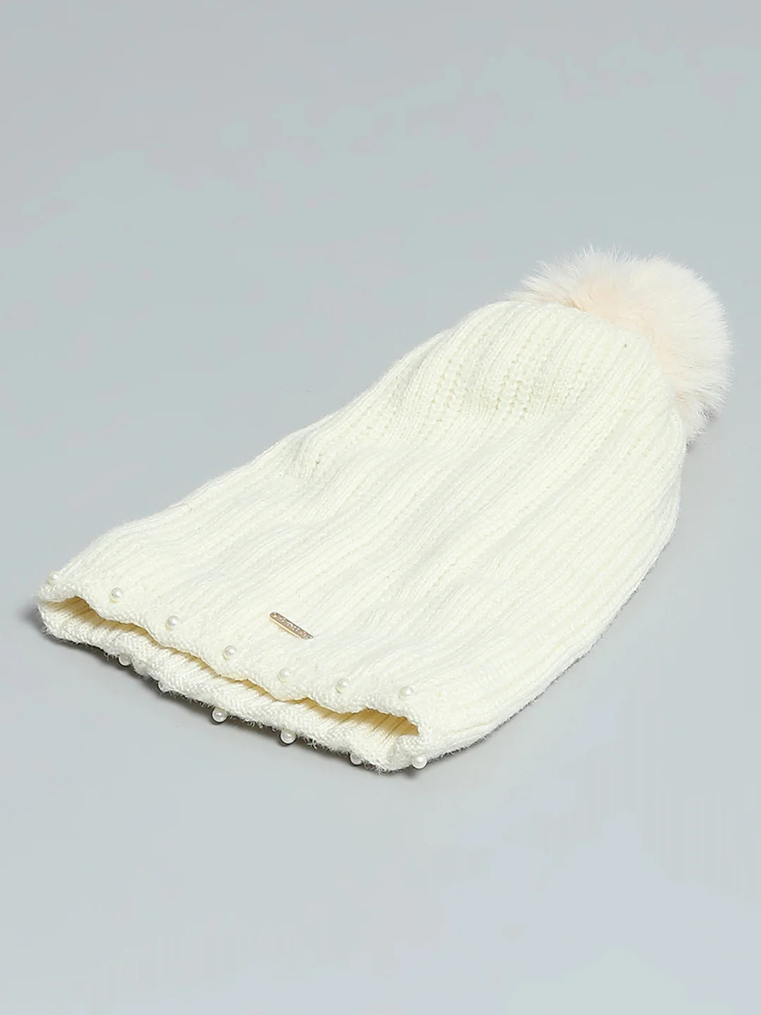 Women Off White Self Design Cap - Image 6
