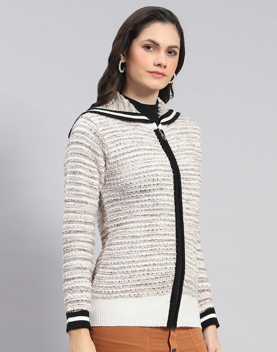 Women Off White Self Design Collar Full Sleeve Cardigan - Image 4