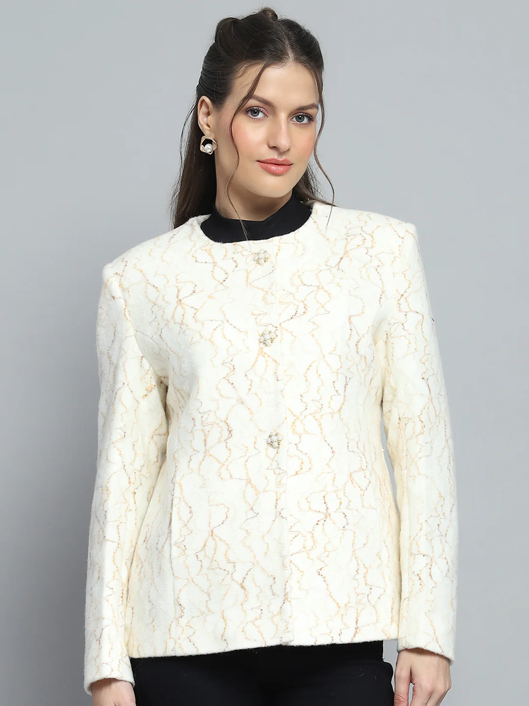 Women Off White Self Design Collar Full Sleeve Coat - Image 7