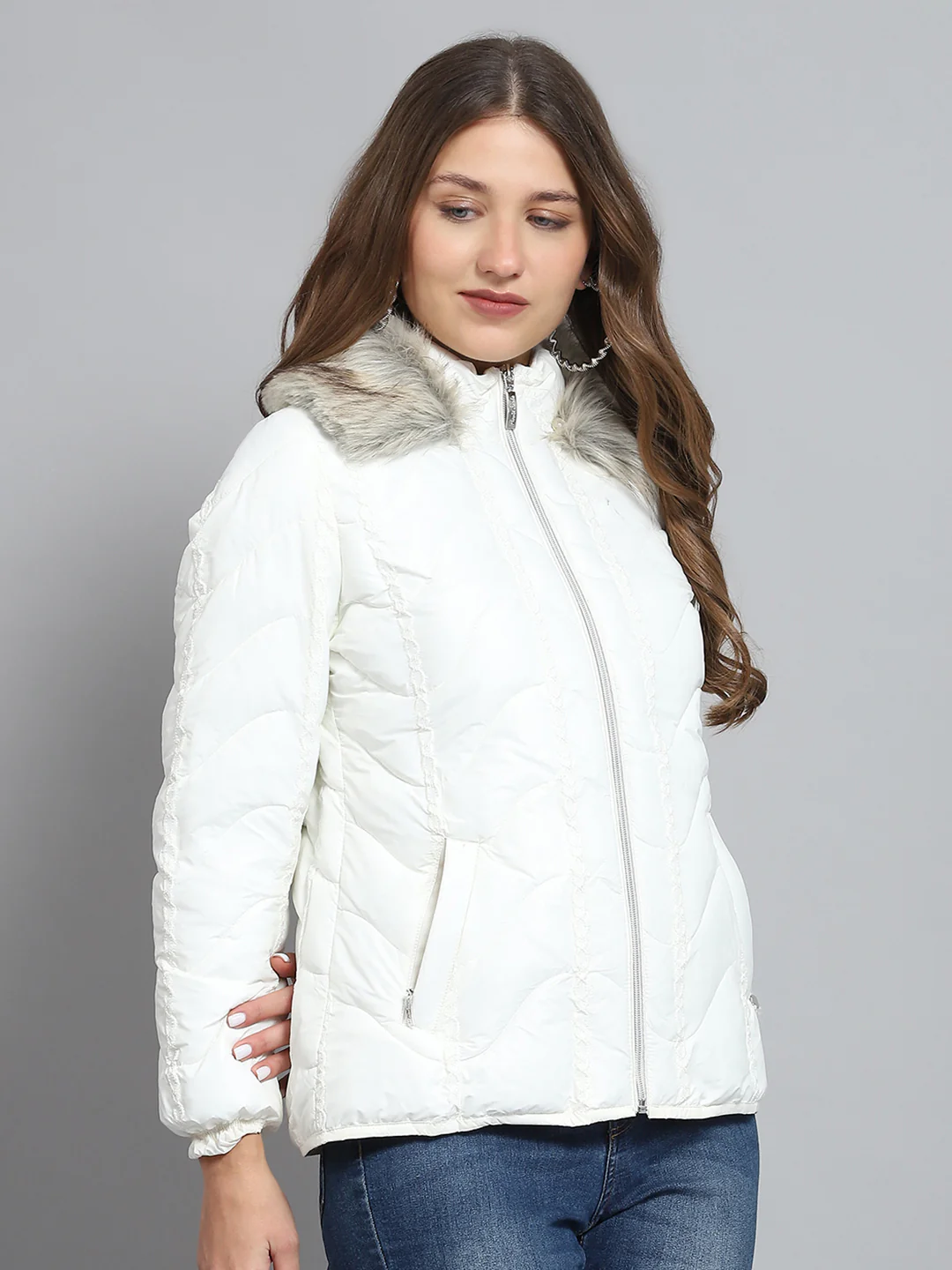 Women Off White Self Design Collar Full Sleeve Jacket - Image 4