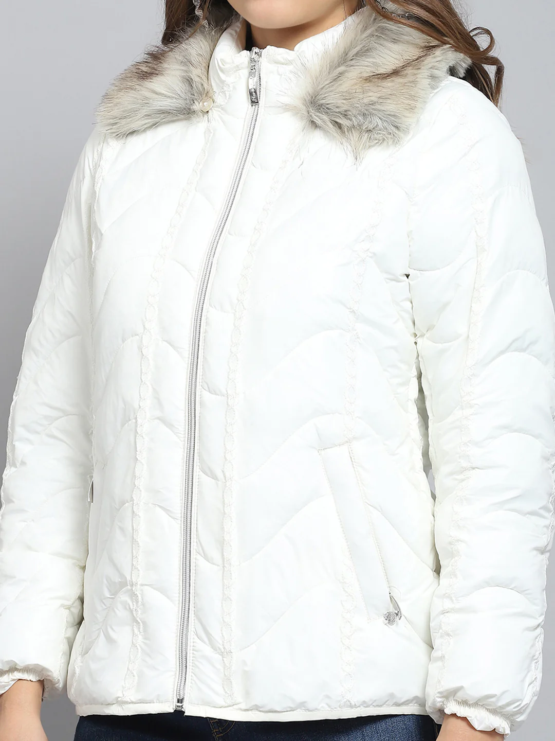 Women Off White Self Design Collar Full Sleeve Jacket - Image 6