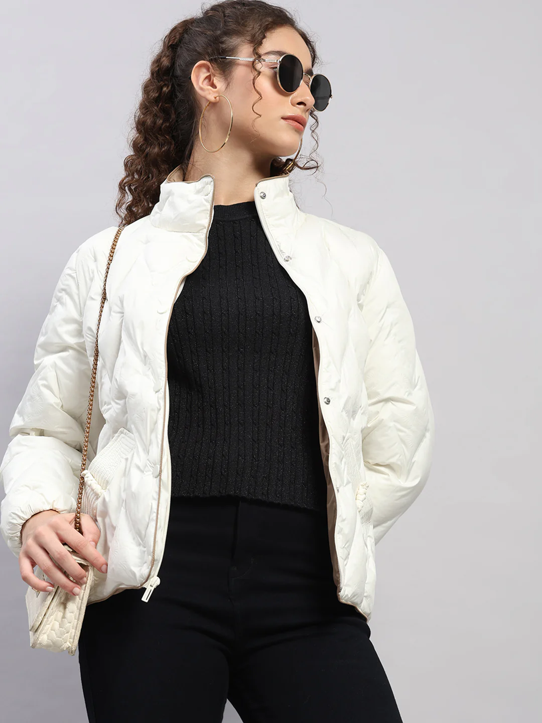 Women Off White Self Design Collar Full Sleeve Jacket - Image 6