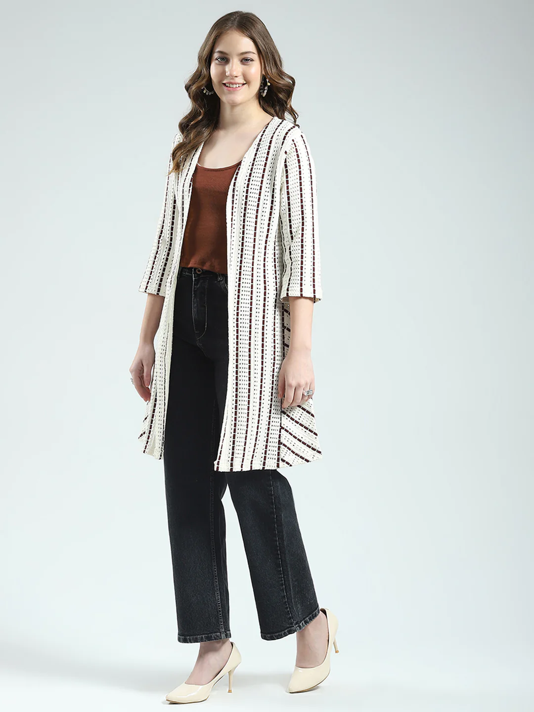 Women Off White Self Design Front Open 3/4th Sleeve Shrug - Image 3