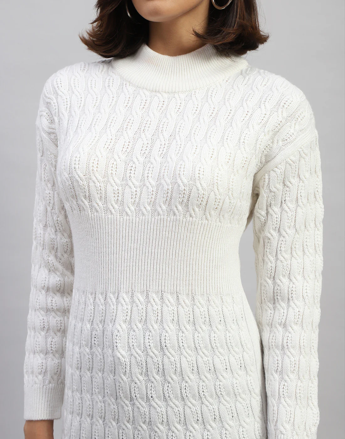 Women Off White Self Design High Neck Full Sleeve Winter Top - Image 7
