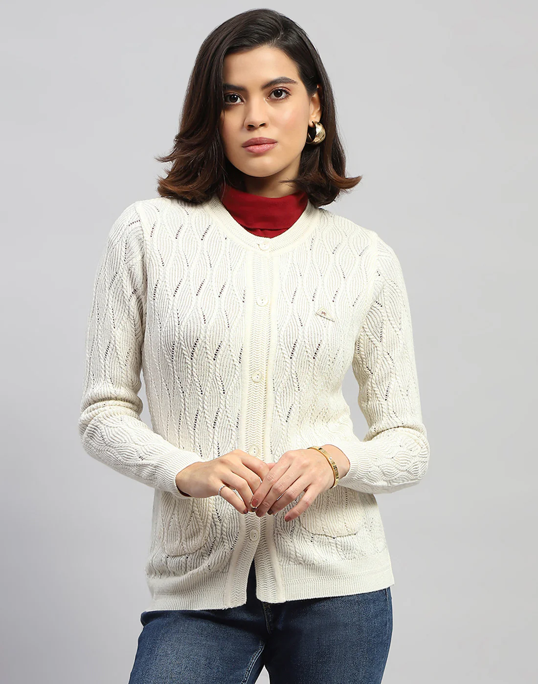 Women Off White Self Design Round Neck Full Sleeve Cardigan - Image 3