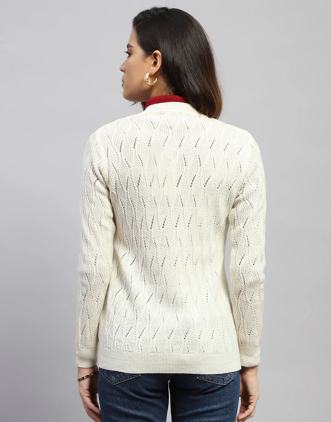Women Off White Self Design Round Neck Full Sleeve Cardigan - Image 6