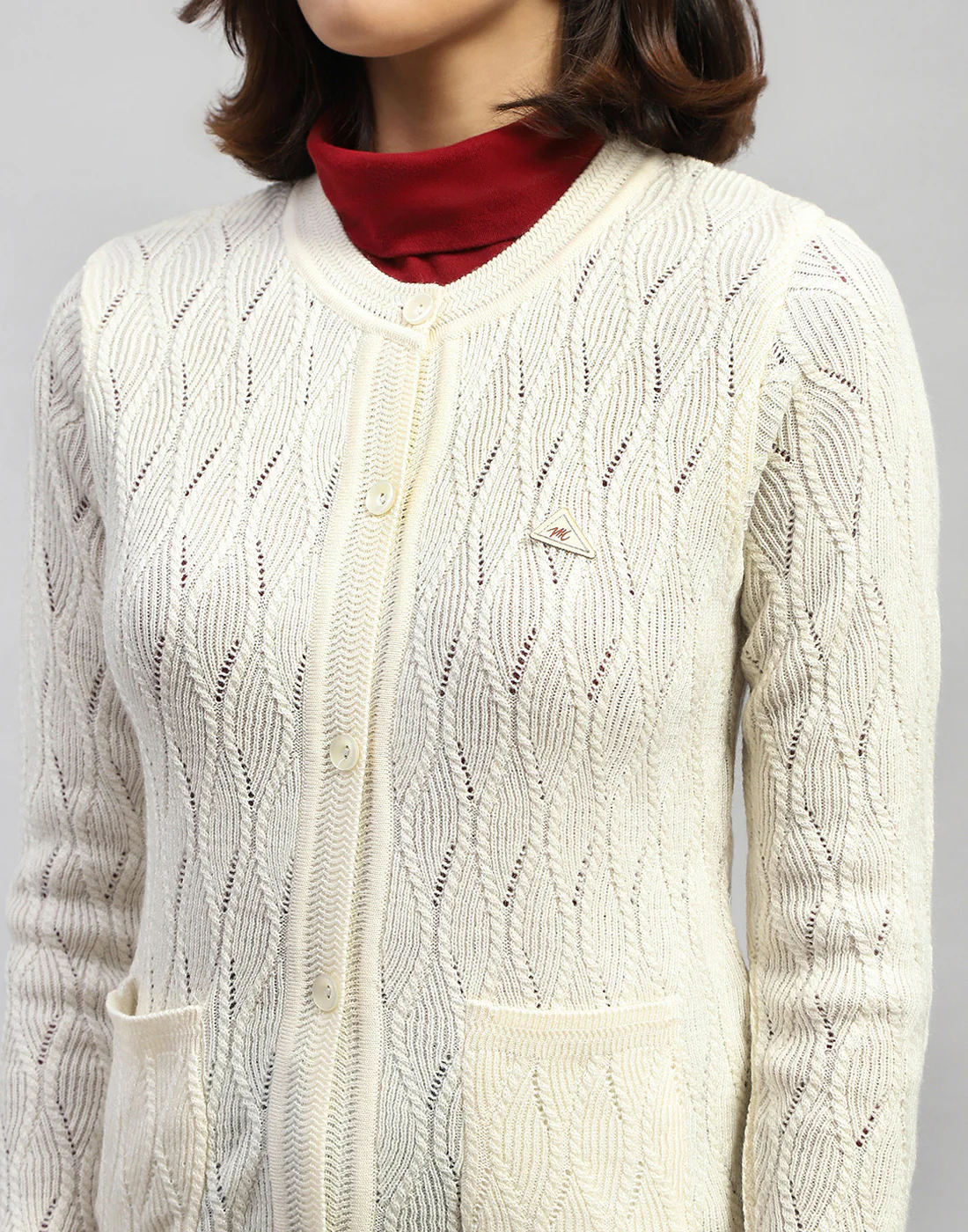 Women Off White Self Design Round Neck Full Sleeve Cardigan - Image 7