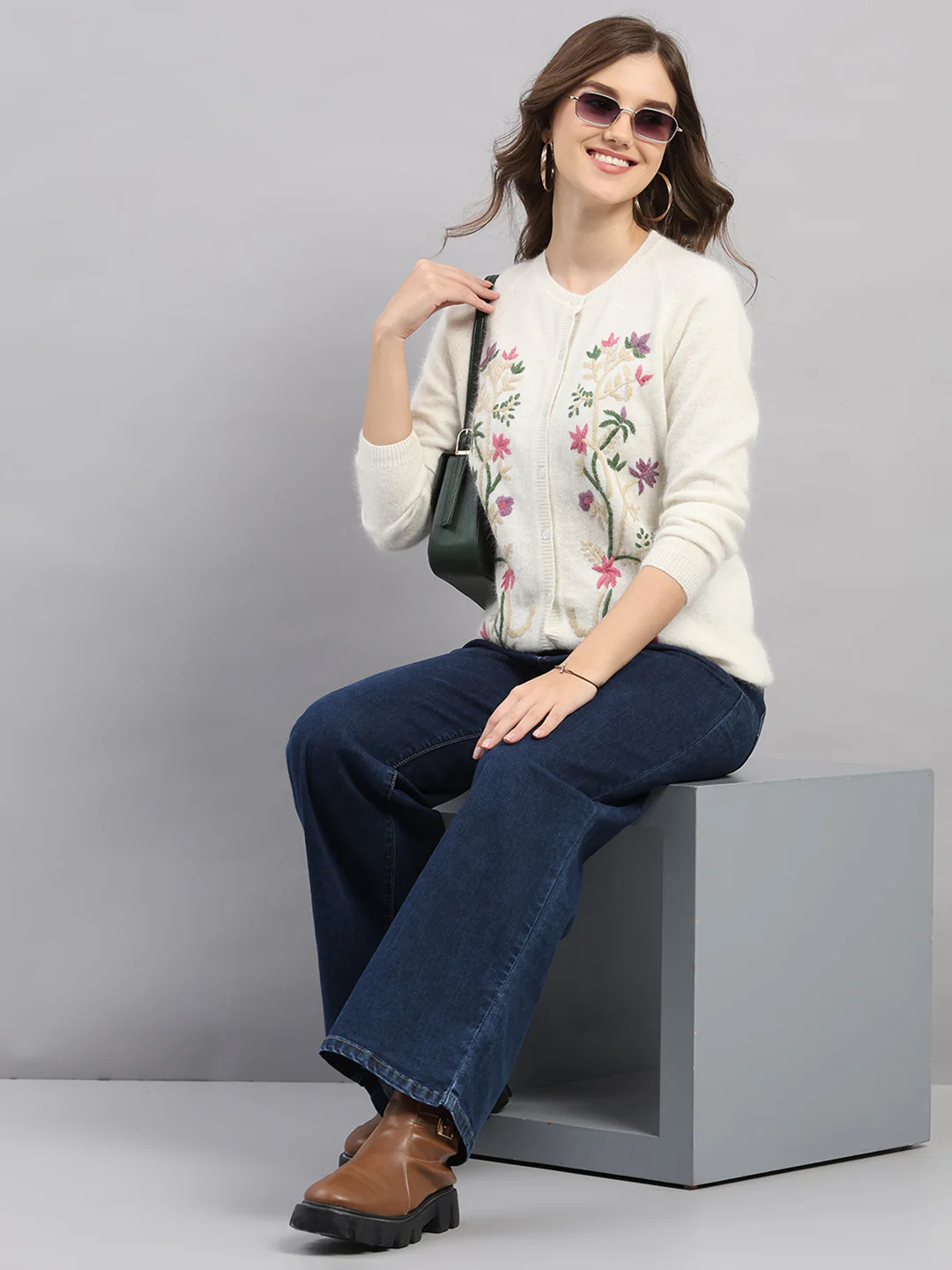 Women Off White Self Design Round Neck Full Sleeve Cardigan - Image 2