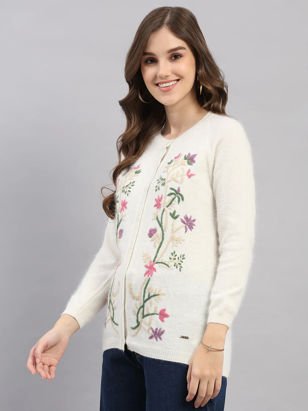 Women Off White Self Design Round Neck Full Sleeve Cardigan - Image 3