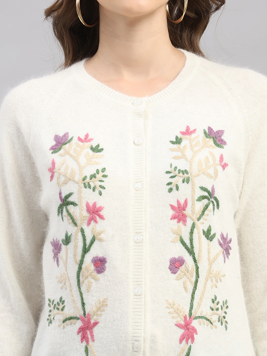 Women Off White Self Design Round Neck Full Sleeve Cardigan - Image 7