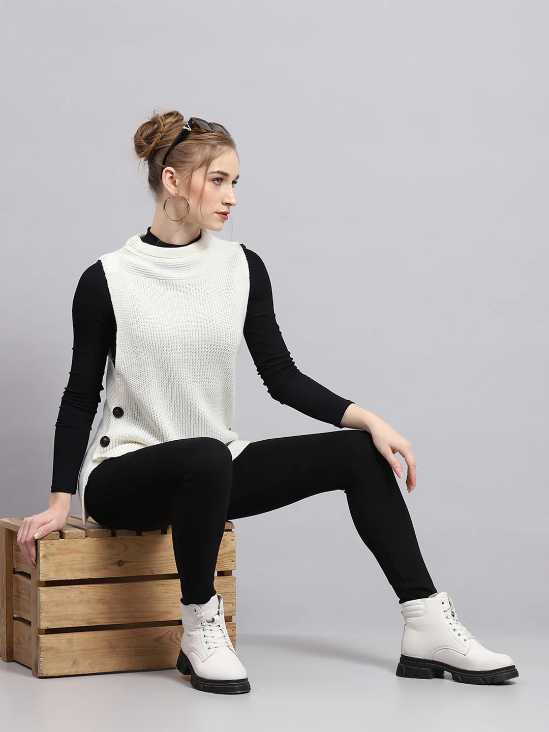 Women Off White Self Design Round Neck Sleeveless Winter Tops - Image 2