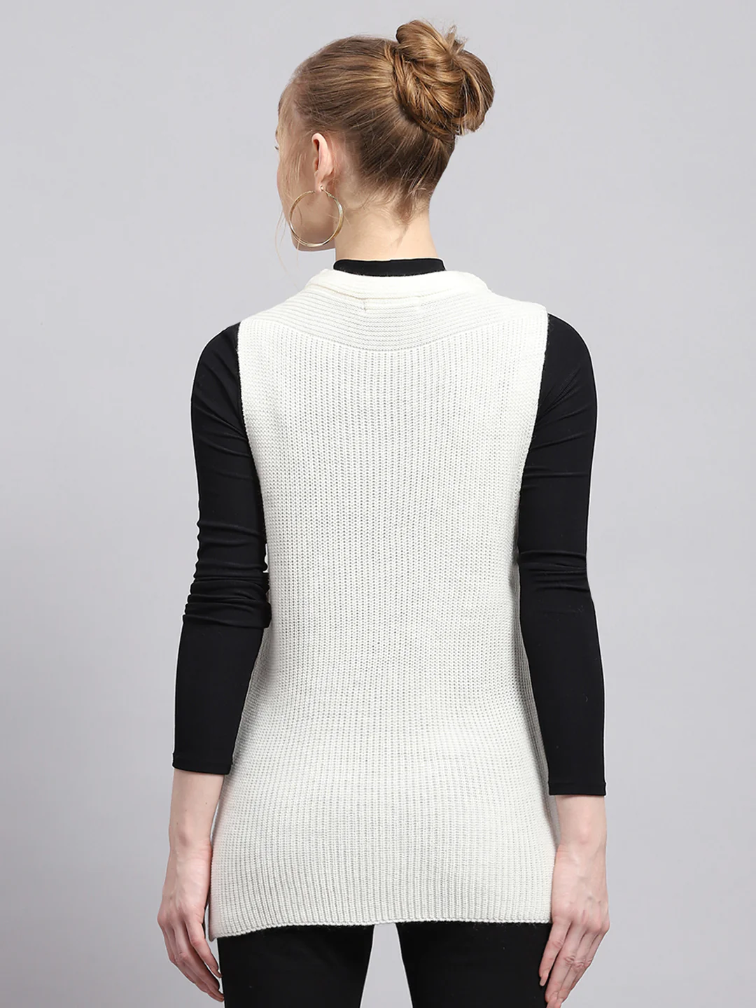 Women Off White Self Design Round Neck Sleeveless Winter Tops - Image 6