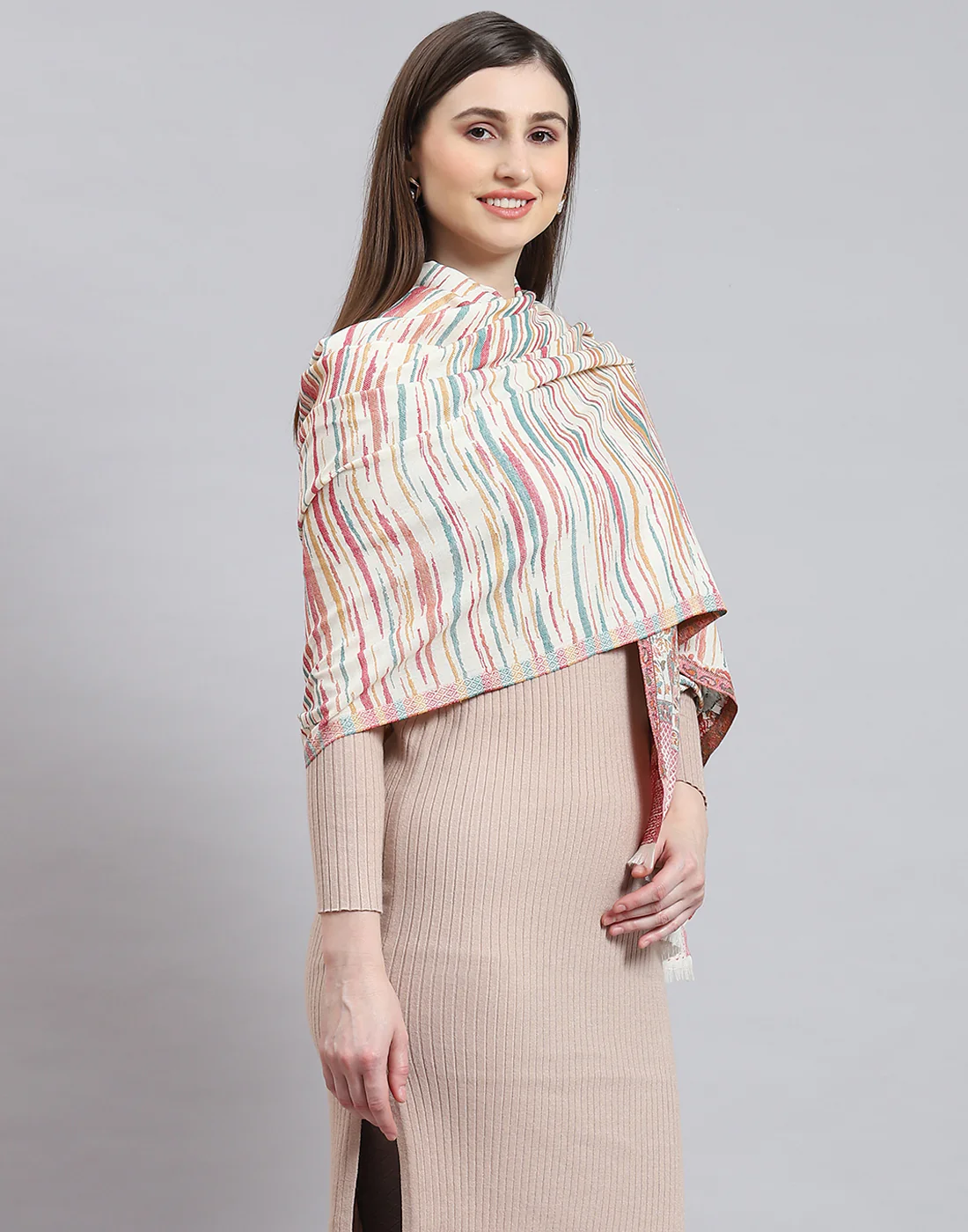 Women Off White Self Design Shawl - Image 4