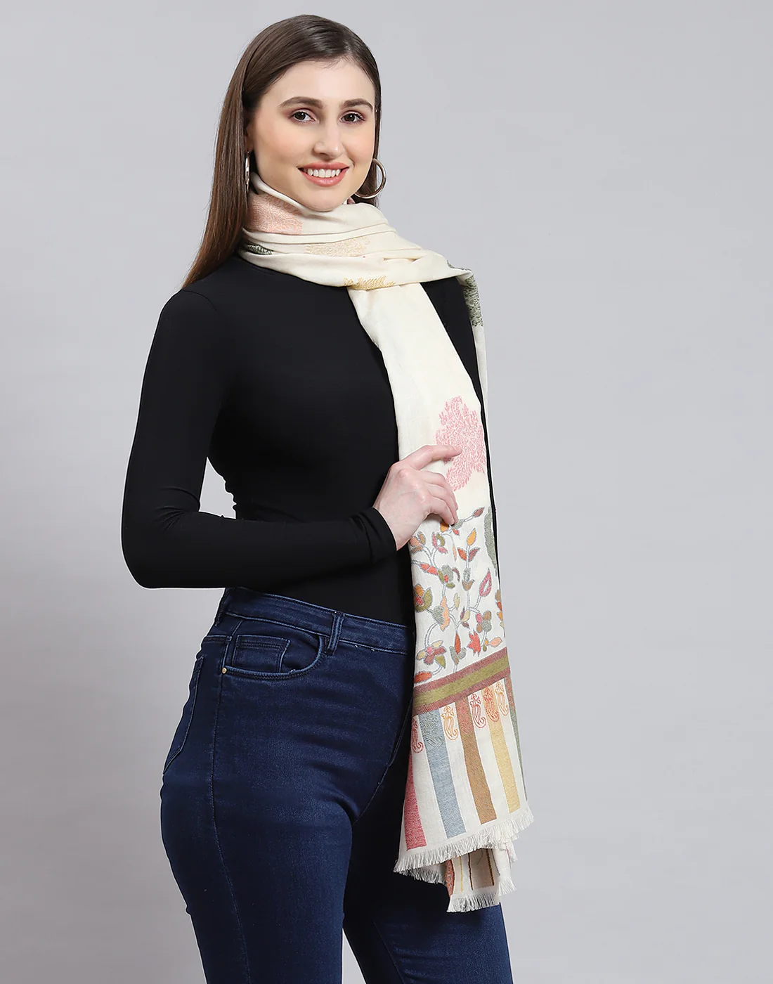 Women Off White Self Design Shawl - Image 4
