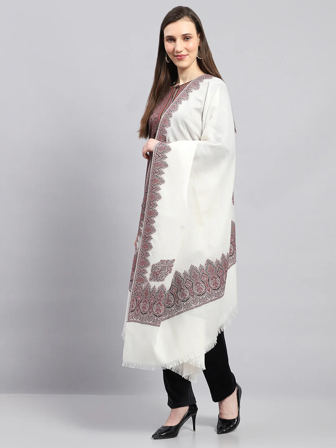 Women Off White Self Design Shawl - Image 3