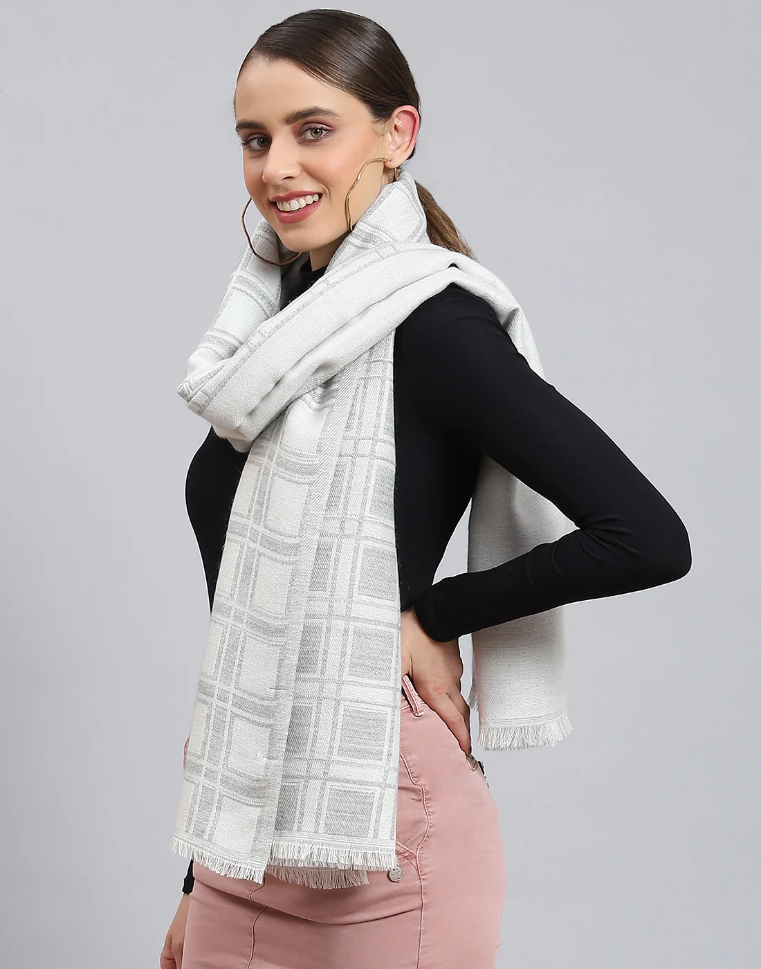 Women Off White Self Design Stole - Image 4