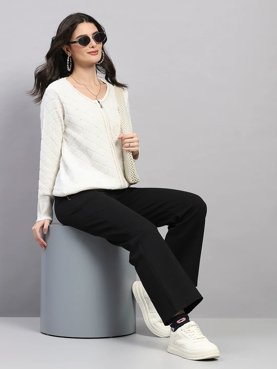Women Off White Self Design Turtle Neck Full Sleeve Cardigan - Image 2