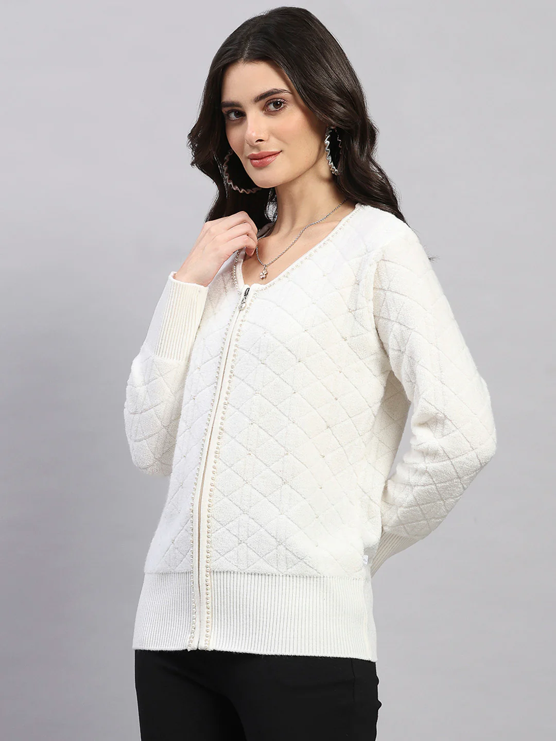 Women Off White Self Design Turtle Neck Full Sleeve Cardigan - Image 3