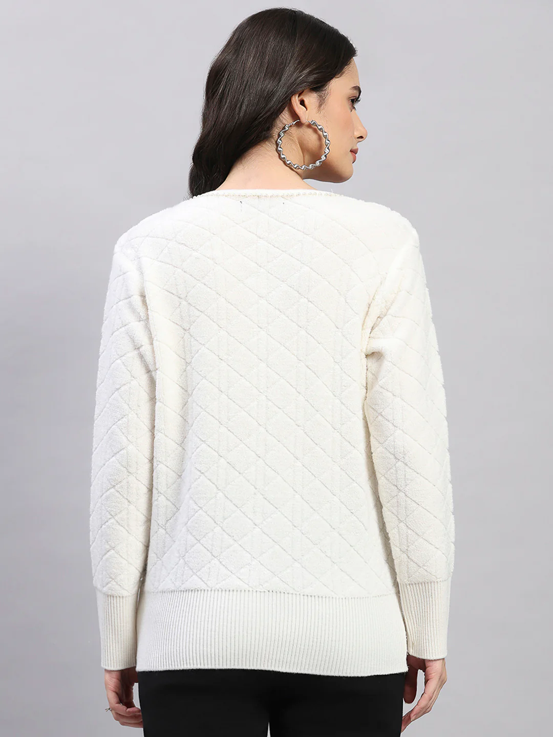 Women Off White Self Design Turtle Neck Full Sleeve Cardigan - Image 5