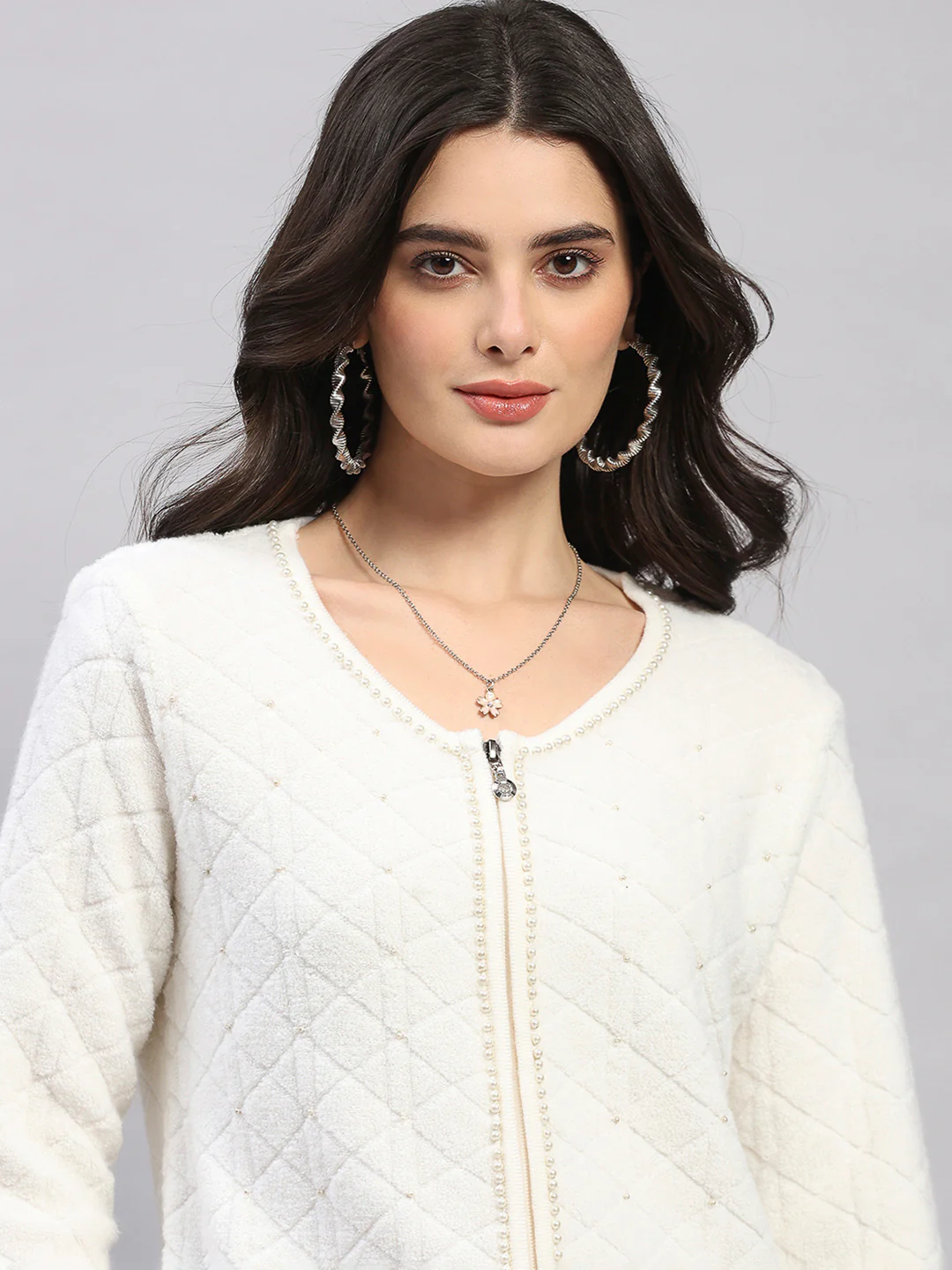 Women Off White Self Design Turtle Neck Full Sleeve Cardigan - Image 7