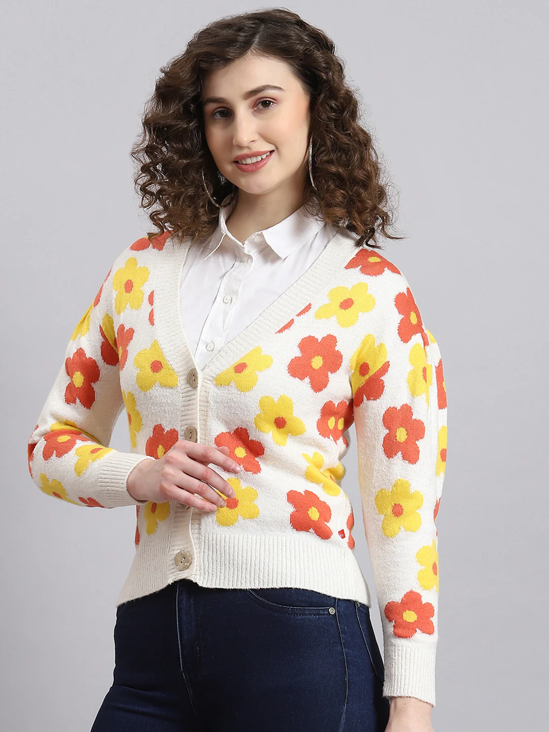 Women Off White Self Design V Neck Full Sleeve Cardigan - Image 3
