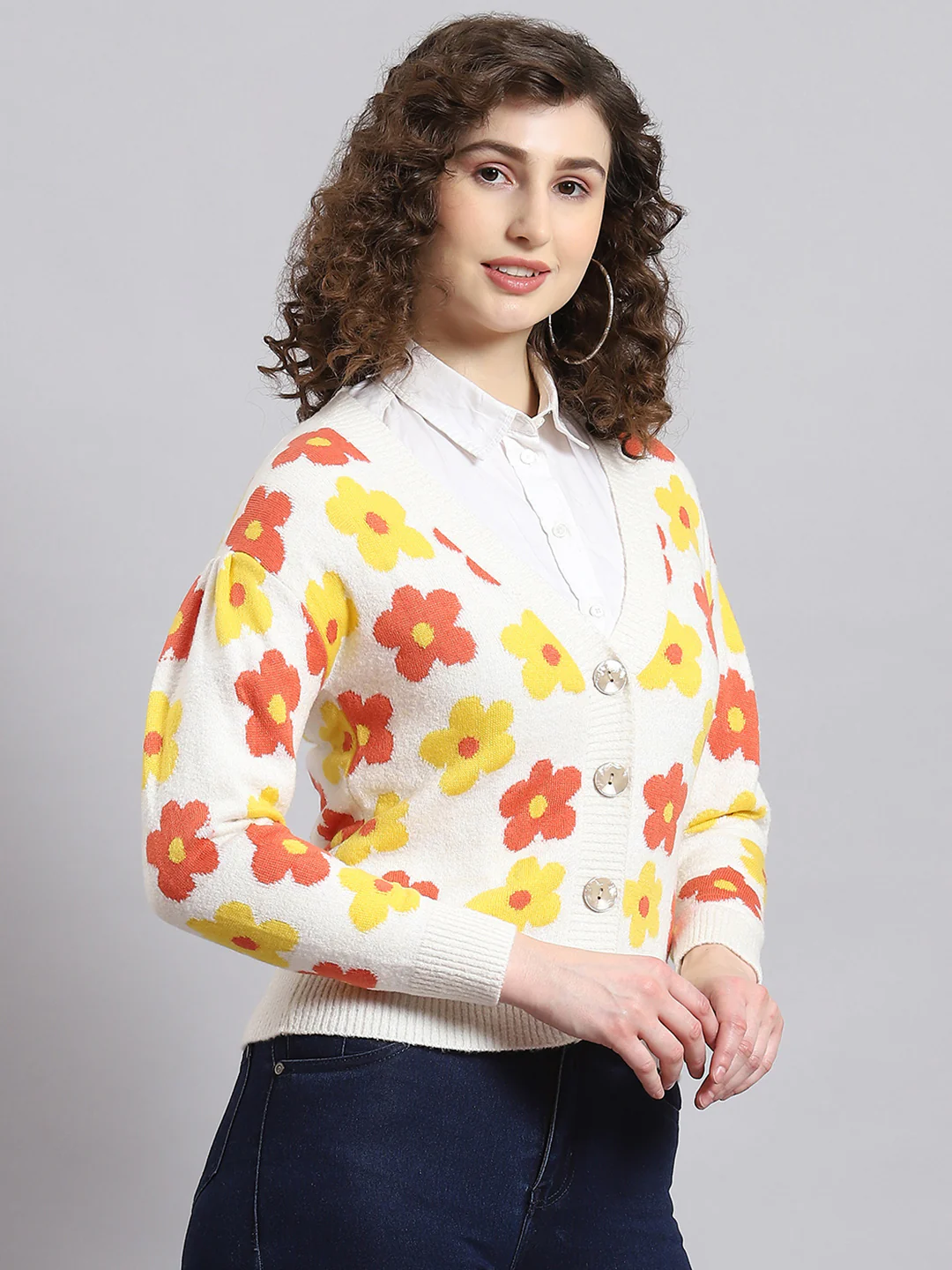 Women Off White Self Design V Neck Full Sleeve Cardigan - Image 4