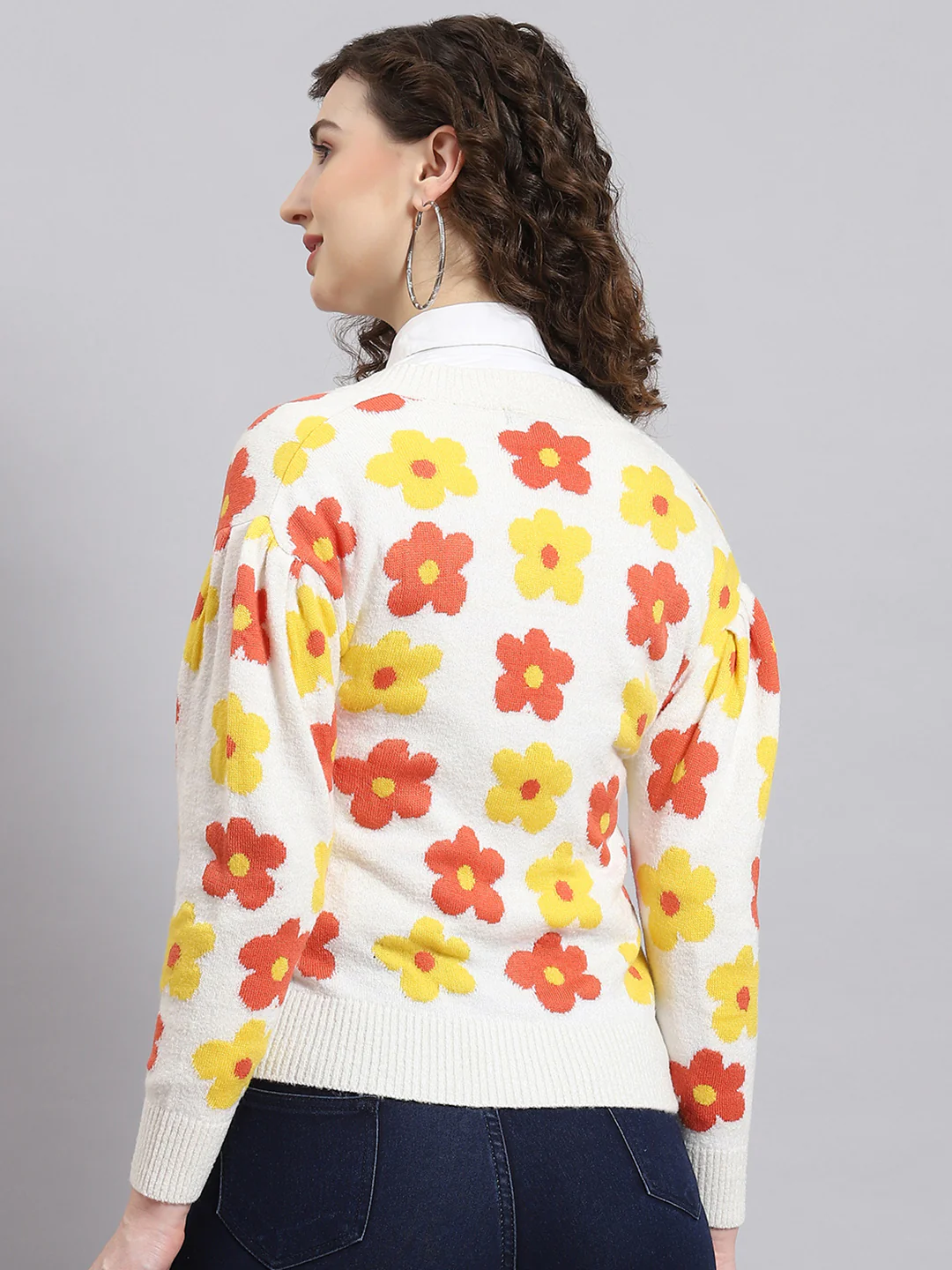 Women Off White Self Design V Neck Full Sleeve Cardigan - Image 5