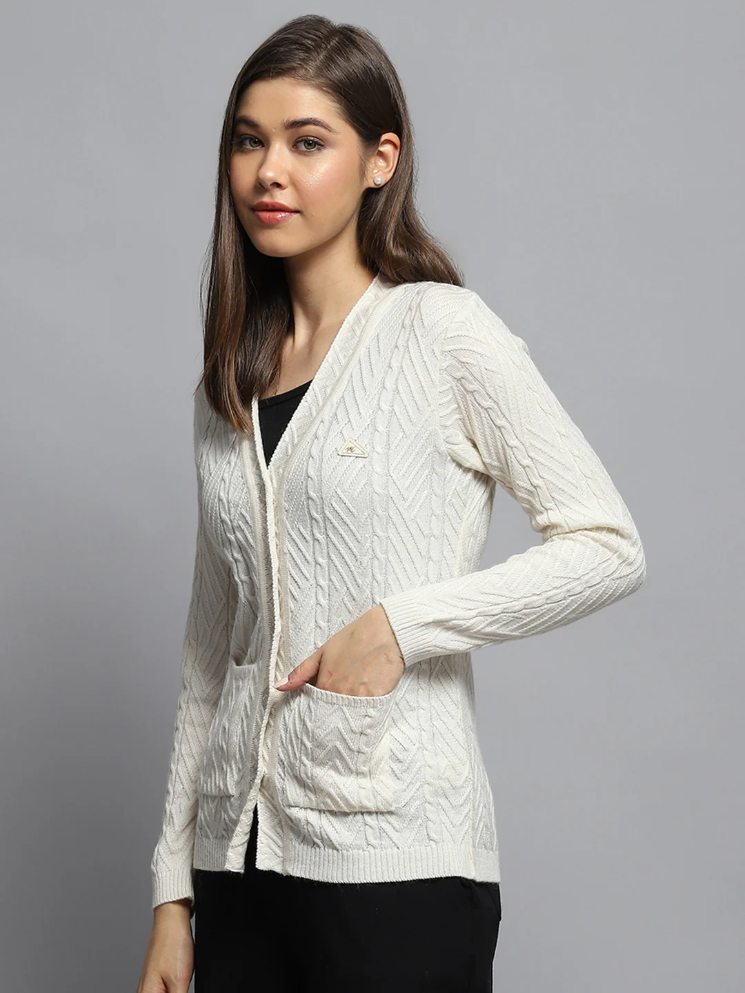 Women Off White Self Design V Neck Full Sleeve Cardigan - Image 3