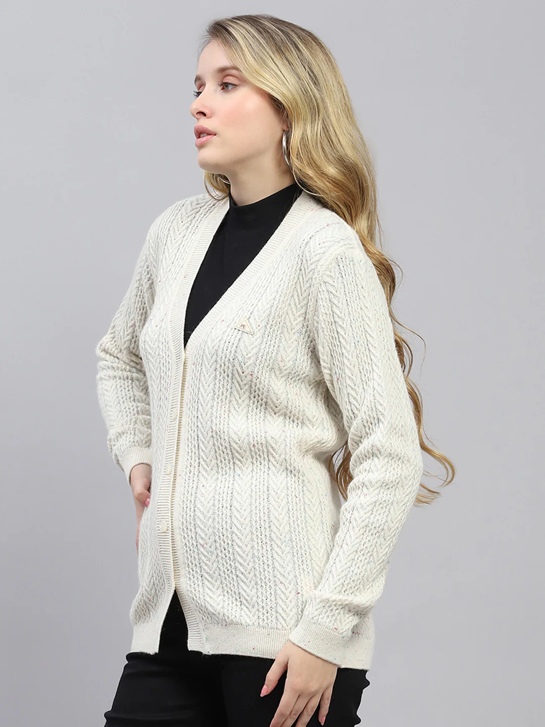Women Off White Self Design V Neck Full Sleeve Cardigan - Image 3