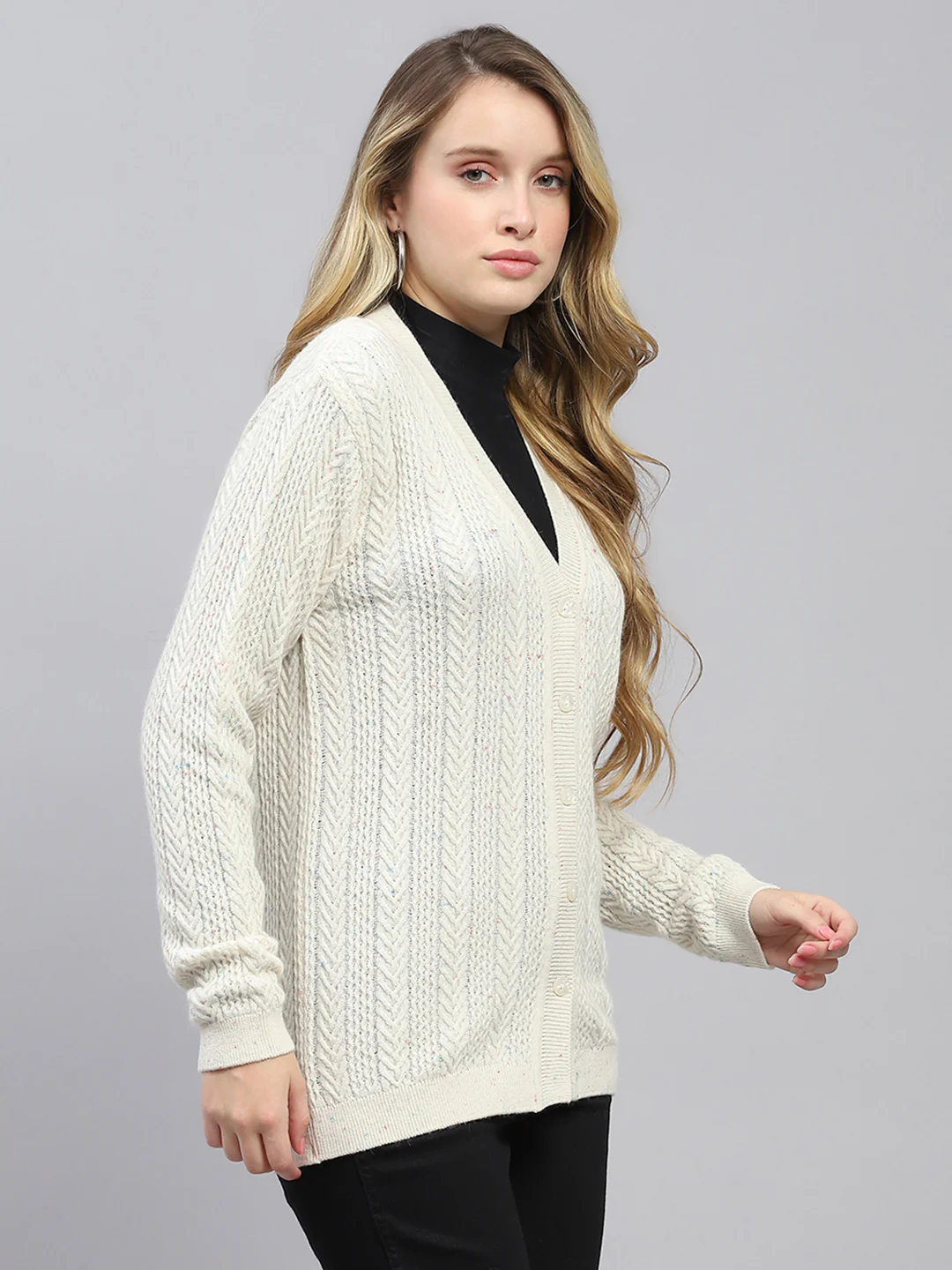 Women Off White Self Design V Neck Full Sleeve Cardigan - Image 4